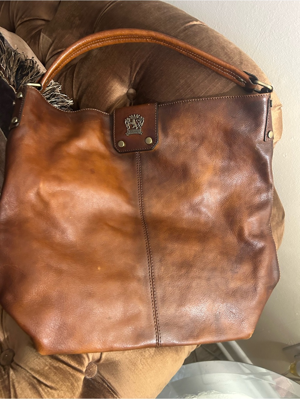 Pratesi Firenze Cognac Brown Genuine Leather Shoulder Bag with Crown Accent